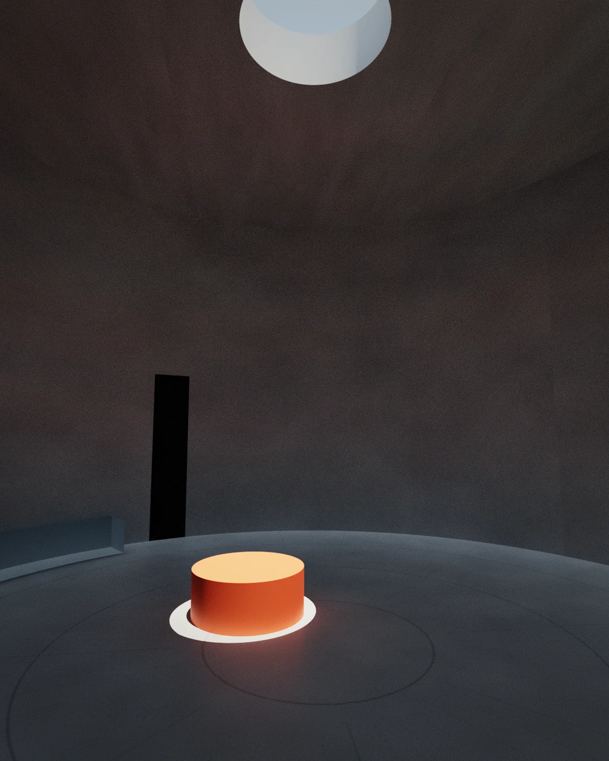 A round, dim limewashed room with an opening in the roof. A single shaft of sunlight falls on an ember-coloured drum at the centre of the floor.