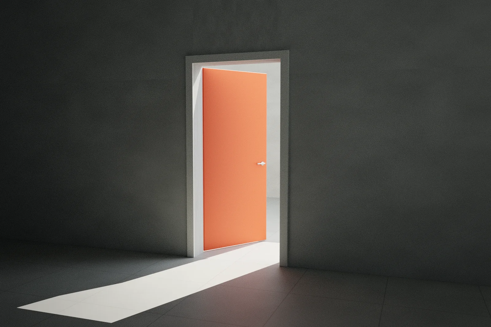 An ember-coloured door standing half open in a pale wall; daylight from the room beyond spills across the floor.