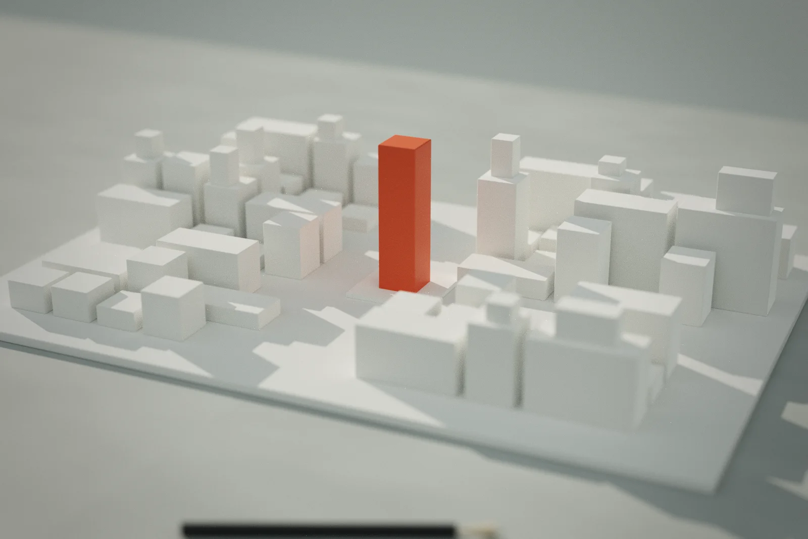 A white architect's massing model of blocks on a board in low morning sun. One slender block at the crossing of the streets is ember-coloured.
