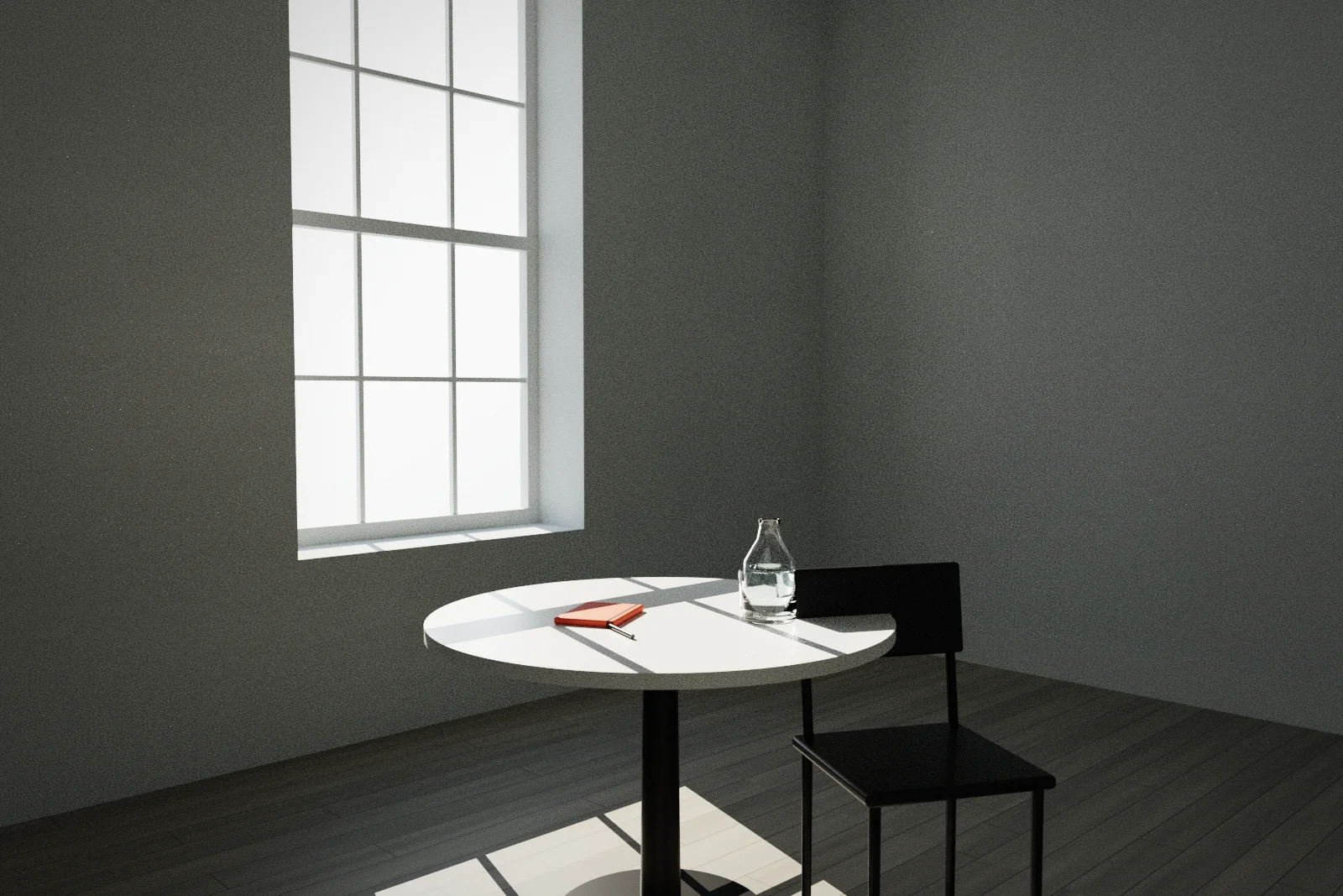 A quiet room in a Georgian building: a tall sash window throws its glazing-bar pattern across a round table with an ember notebook and a glass carafe.