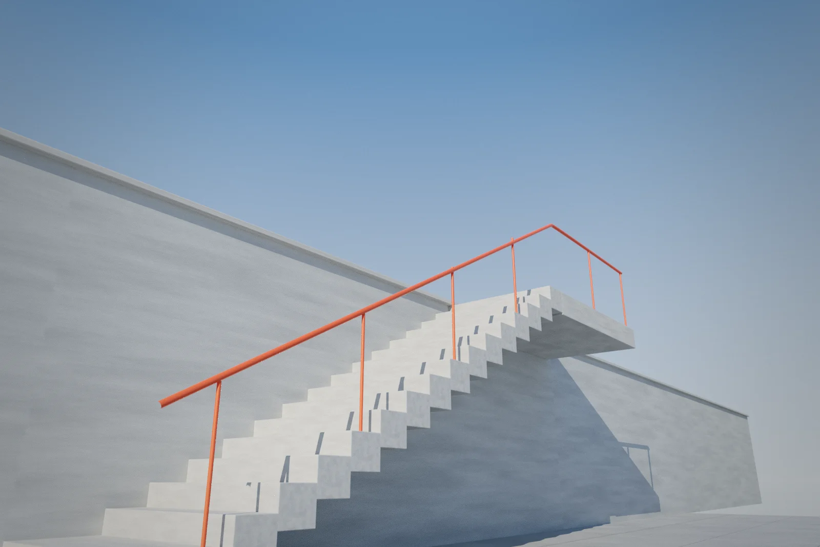 A flight of pale stone steps climbing a sunlit wall toward open blue sky, with a thin ember handrail showing the way up.